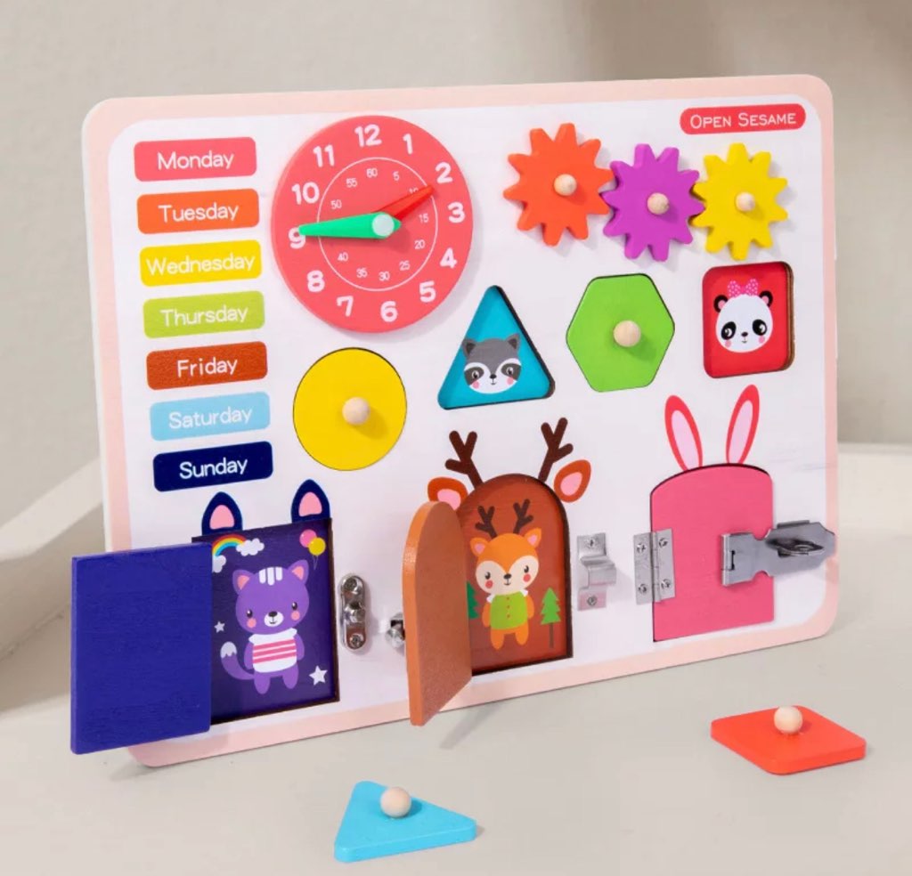 Wooden Busy Lock Board, Shapes, Mechanical action, Teaching clock, door