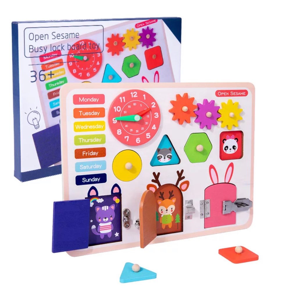 Wooden Busy Lock Board, Shapes, Mechanical action, Teaching clock, door